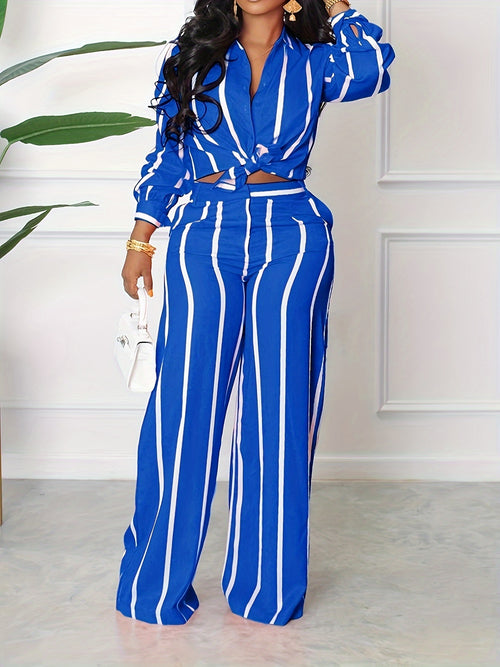 2pcs Women's Elegant Striped Print Two-Piece Set - Button Front Lapel Collar Long Sleeve Shirt & High Waist Wide Leg Pants, Smooth Polyester Fabric, Micro Elasticity, Spring/Fall Essentials | Machine Wash Safe | No Lining Des